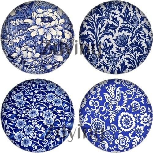 Zdying 10pcs Round Glass Cabochon Classic Blue And White Porcelain Flower Pattern Dome Beads Diy Jewelry Findings