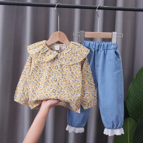 Flowers Print Baby Girls Clothes Toddler Kids Outfit Fashion Lotus Leaf Collar Shirt + Jeans 2 PCS/Set Children Costume for 1-4Y