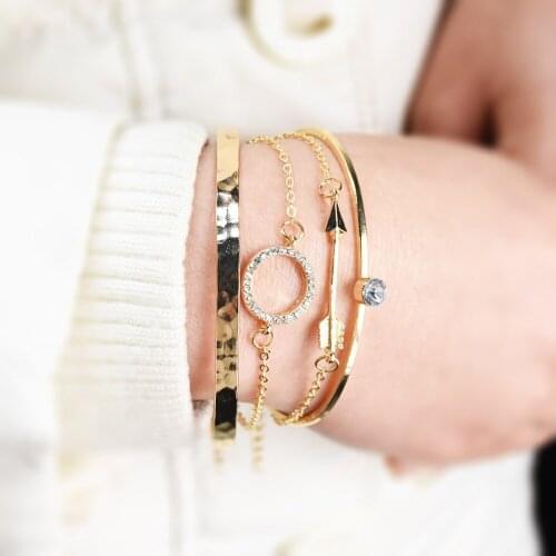 European Summer Beach Fashion Moon Leaf Shape Arrows Round Lightning Inlay Rhinestones Bracelet Women Girl 4 pcs/Set Cuff Bangle