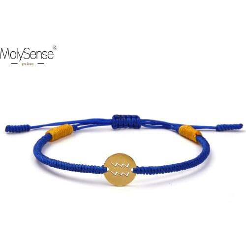 MolySense Aquarius Handmade Golden Color 12Constellation Zodiac Stainless Steel Charm Bracelets For Friend Wax Macrame Bracelets