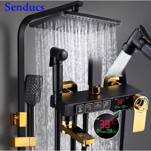 Digital Shower Set Senducs Brass Bathroom Mixer Faucets Matte Black Thermostatic Shower System Rainfall Digital Shower Set