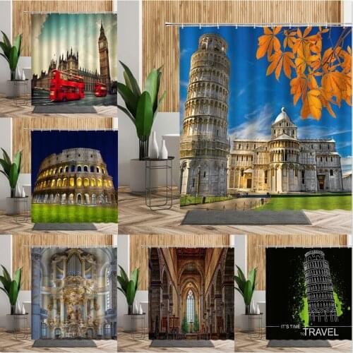 Europe Style Landscape Bath Shower Curtains Italy Leaning Tower Maple Leaf Bathroom Decors Waterproof Fabric Living Room Curtain