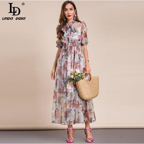 LD LINDA DELLA Runway Designer Summer Chiffon Midi Dresses Womens Puff sleeve Flowers Print Elegant Party Holiday Dress