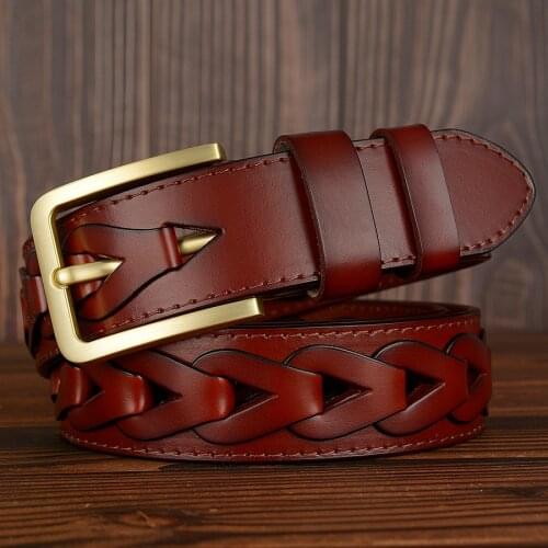 Fashion New Cow Leather Belts Men Brass Pin Buckle Male Waistband Genuine Leather Mens Belt Causal Woven Waist Belt for Jeans