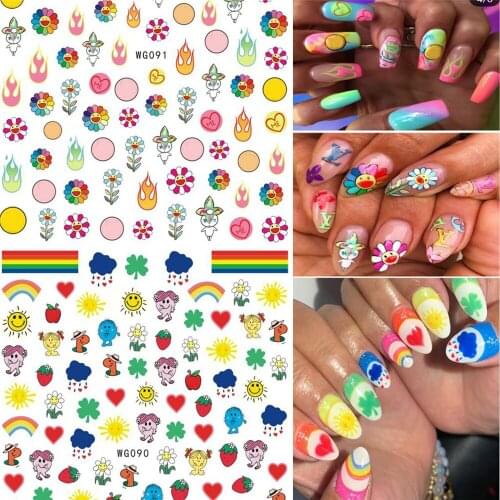 Nail Art Stickers Abstract Line Face Geometric Design Adhesive Nail Art Decorations DIY Sun Flowers Smiley Face Nail Decals