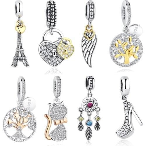Genuine 925 Sterling Silver PARIS Eiffel Tower Gold Charm Beads Fit Original Bracelets Feather Heart Charm DIY Jewelry