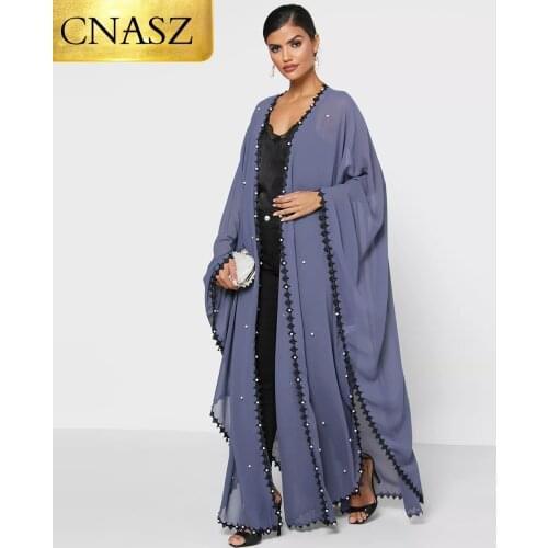 2021 New Muslim Abaya For Women Kaftan Mesh Pearls Chiffon Fabric Islamic Clothing Worship Service Dubai Middle East Fashion