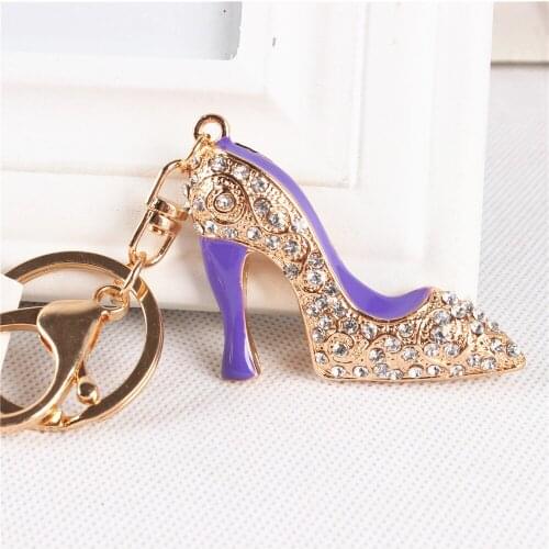 New Fashion Purple Shoe High Heel Cute Crystal Pendant Purse HandBag Key Ring Chain Party Favorite Accessories Friend Gift