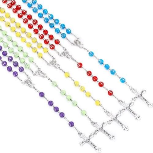 Wholesale 12PCS 10Colors Acrylic Christianity Crystal Beads Religious Five Decade Rosary INRI Cross Necklace Crucifix Prayer