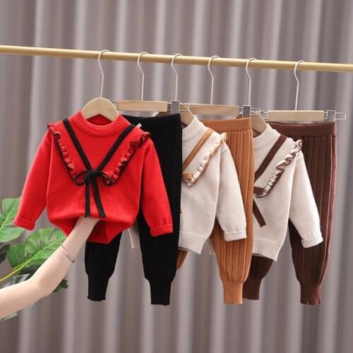 Autumn And Winter New Girls Woollen Clothes And Trousers Warm Suit Girls Baby Knitted Sweater Top + Pants 2-piece Christmas Set