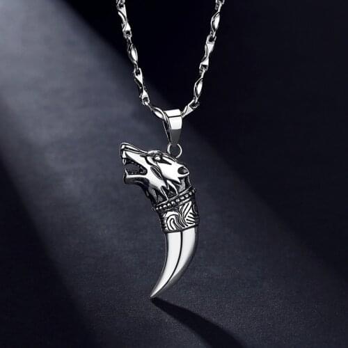 Fashion Retro Cupronickel Silver Plated Necklace Wolfs Fang Carving Wolf Pendant Sweater Chain for Charms Lucky Jewelry