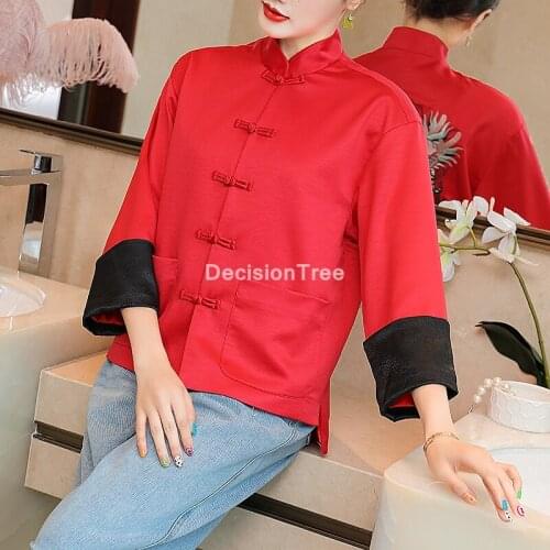 2021 woman chinese traditional clothing elegant embroidery qipao shirts ancient chinese cheongsam blouse buttons satin tang tops