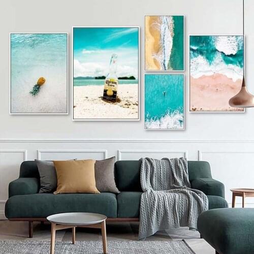Scandinavian Ocean Landscape Canvas Painting Nordic Green Beach Boat Wall Art Poster Print Pictures for Living Room Home Decor