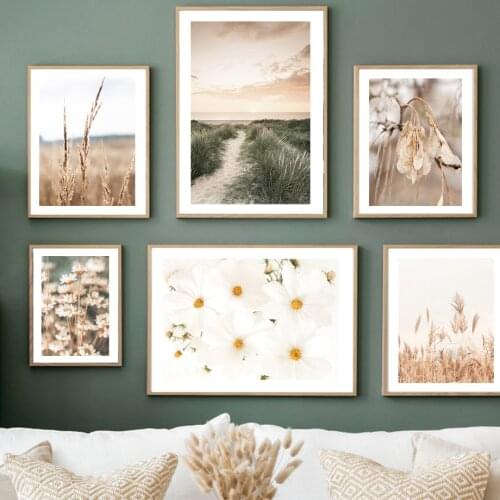 Sunrise Beach Walk Grass Summer Flower Reed Wall Art Prints Canvas Painting Nordic Poster Wall Pictures For Living Room Decor