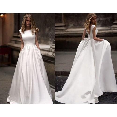 Wedding Dresses With Pocket 2019 Vestido de novia Satin White Sleeveless Bridal Gowns Floor Length Wedding Gown