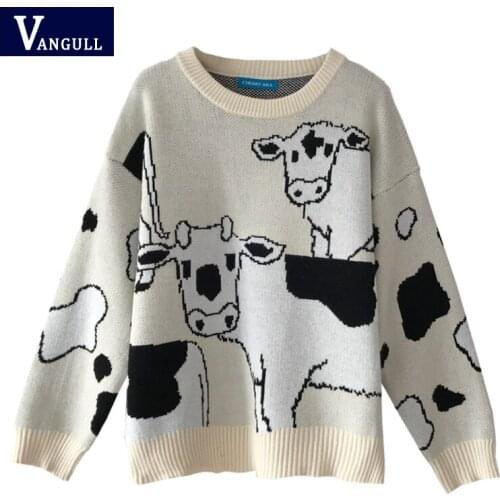 Vangull Vintage Casual Loose Lazy Cow Color Matching Sweater Female Korean Harajuku Womens Sweaters Cute Ulzzang Clothing