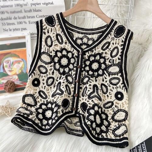 2021 Spring Summer Boho Clothes Retro Floral Crochet Vest Women Sleeveless Jacket Cardigan Chaleco Mujer Gilet Femme Waistcoat