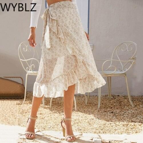 WYBLZ 2021 Summer Women Midi Skirts Korean Boho Ruffles Ladies Beach Holiday Polka Dot Layer Flare High Waist Skirt for Women