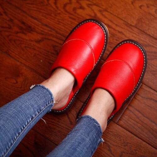 Womens Genuine Leather Indoor Slippers for Spring/Autumn Soft and Comfortable Couples Home Shoes Anti-Slip Men Casual Shoes