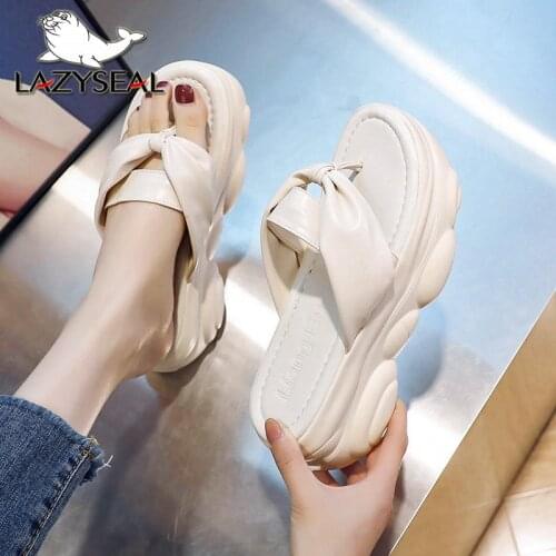 Lazyseal Flip Flops PU Leather Women Sandals 7cm Heel Height Summer Women Wedge Sandals Platform Casual Shoes Middle Wedge Heels