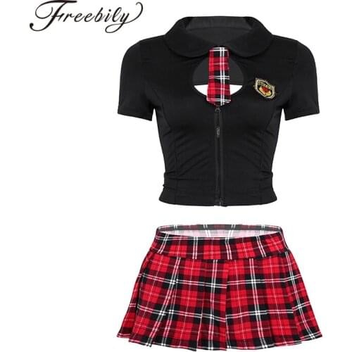 Women Adutls School Students Cosplay Sexy Costume Turn-down Collar Back Lace Up Top Plaid Pleated Mini Skirt with G-string