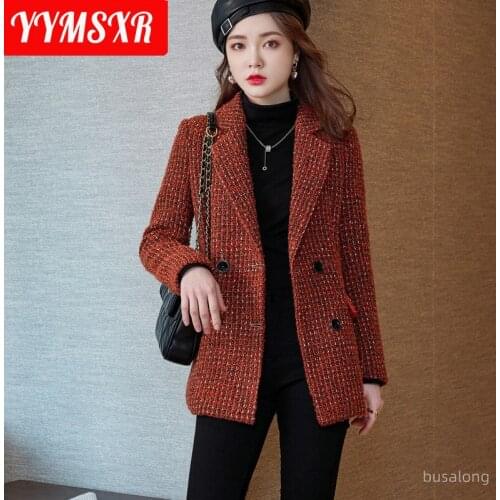 90 Kg Plus Size Womens 2021 Autumn and Winter Fashion Woolen Plaid Long-sleeved Elegant Ladies Jacket Casual Office Suit