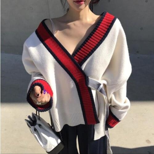 Autumn winter new color contrast small fragrance knitted cardigan bat sleeve women lazy V-Neck fashion womens sweater