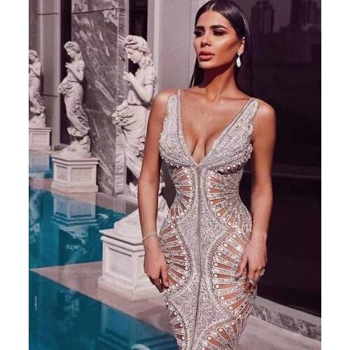 Lady Luxury Fashion Sexy Deep V Mesh Sequins Beading Sparkly Women Bodycon Dress 2021 Evening Elegant Party Dress