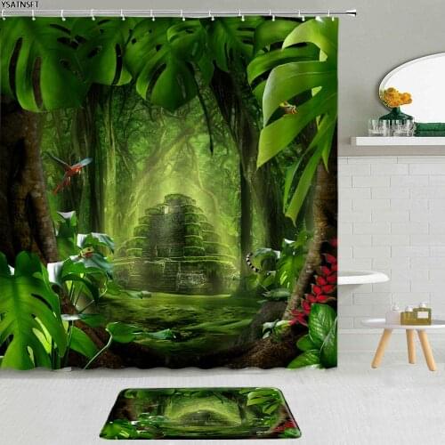2Pcs Magic Forest Shower Curtain Tropical Plant Monstera Flowers Round Tree Vine Fabric Non-Slip Bath Mat Bathroom Curtains Set