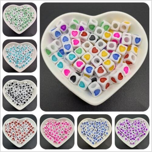 50pcs/Lot 7x7mm Acrylic Spaced Beads Square Shape Love Heart Beads Charms Beads For Jewelry Making Handmade Bracelet Necklace