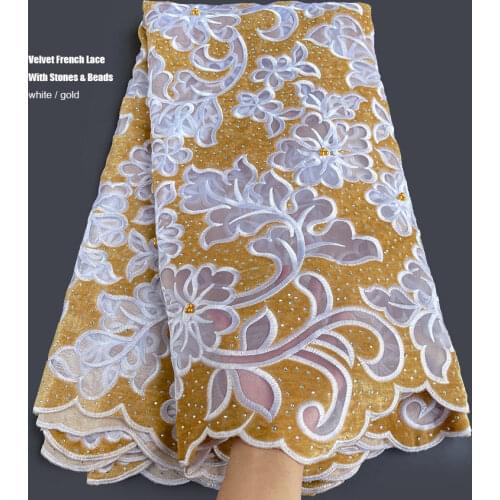 White Gold Velvet French Lace African Tulle Fabric High Quality Nigerian Sewing Clothes for All Occasions 5 yards/pc