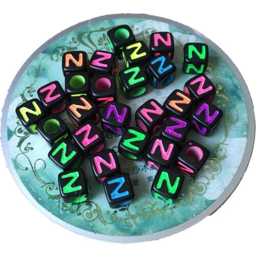 Free Shipping 200pcs 7*7mm Big Hole Square Letter Beads Black with Neon Colors English Letter Z Acrylic Alphabet Pearl Beads