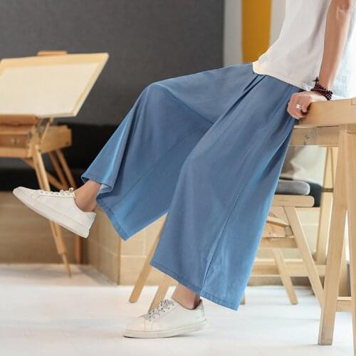 M-5XL Plus Size Men Casual Pants Loose Fit Wide Leg Elastic Drawstring Waist Summer Beach Ankle Pants Streetwear Baggy Pants