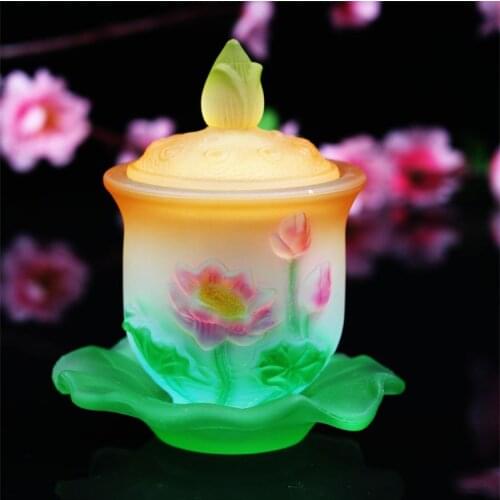 Buddha Ornament Lotus Water Supply Cup Glass Bowl Crystal Holy Water Cup Creative Colorful Guanyin Cup Plate Buddhist Supplies