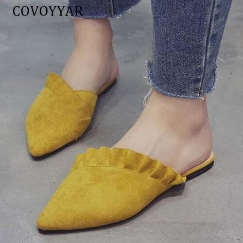 COVOYYAR 2019 Fashion Woman Slippers Slides Flat Mules Women Casual Shoes Pointed Toe Pleated Ruffles Slip On Flip Flops WSL108