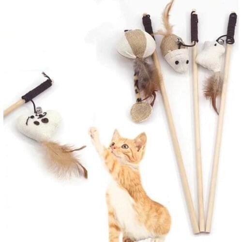 Cat Kitten Teaser Wand Toys, Natural Sisal with Mouse, Bell, Feather, Elastic String, and Sturdy Wood Rod,Cat Catcher Mice for
