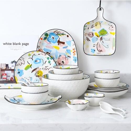 Multi color graffiti ceramic tableware rice bowl Fish plate Soup bowl Salad dish spoon Pizza tray