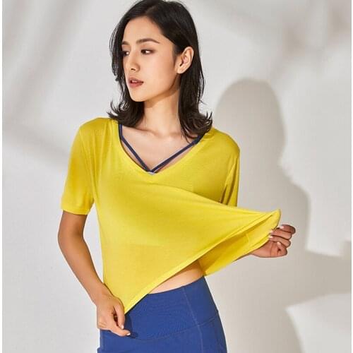 Summer Short Sleeve V Neck Crop Tops Workout Yoga Clothing Exercise Loose Breathable Dry Fit Sport Shirts