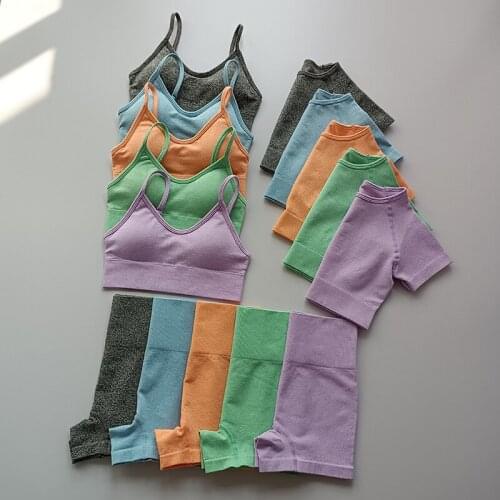Summer Seamless Women Yoga Set Workout Sportswear Gym Clothing Fitness Short Sleeve Crop Top High Waist Sports Shorts Suits