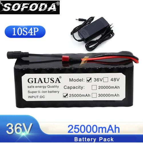 SOFODA 36V 10S4P 25Ah For 18650 with 25A Balance BMS 42V lithium battery pack ebike electric car bicycle motor scooter+Charger