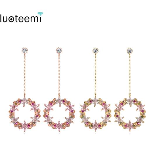 LUOTEEMI Fancy Flower Long Drop Dangle Earring with Cubic Zirconia for Korean Girls Dating Cute Fashion Jewellery Wedding Gift