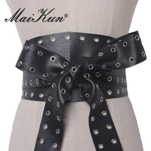 Fashion Bowknot Ultra Wide Belts for Women Self-Tie Black Faux Leather Women Belt Punk Rock Style Female Waistband Cummerbunds