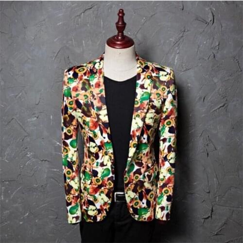 Printed mens suit casual jacket photo studio host hair stylist flower suit stage dress chaquetas y americanas ropa de hombre
