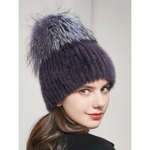 Mink hat new winter womens real mink hat ear protection luxury high quality plush pompom hat