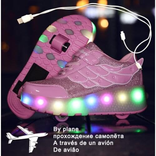 2020 New Glowing Sneakers on Wheels USB Charging Luminous Shoes Wheels LED Flashing Double Wheels Roller Skates Size 27-40