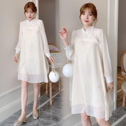 Autumn Korean Fashion Chiffon Maternity Dress Elegant Sweet Loose Clothes for Pregnant Women Spring Pregnancy Dress