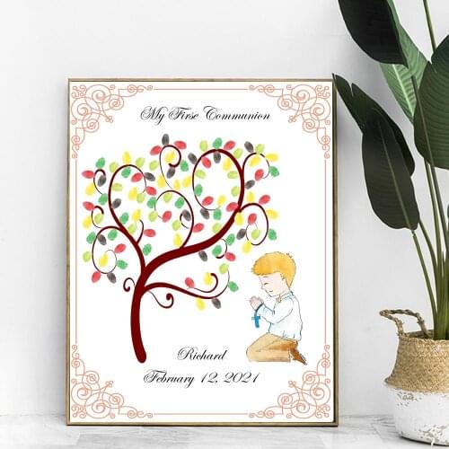 Personalized Name Date My First Communion Fingerprint Sign in DIY Guestbook Boys Girls Mi Primera Comunión Party Souvenir
