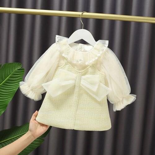 2021 Autumn Girls Mesh Sleeve Dress Lotus Leaf Bow Super Fairy A-line Dress Elegant Princess Dress For 1-8 Years Girls Clothes