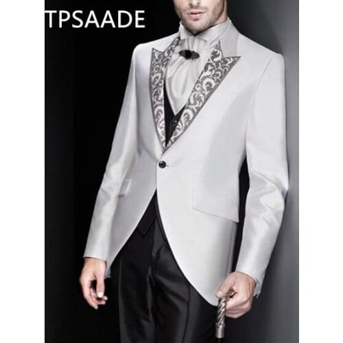 Latest Coat Pant Designs White Pattern Satin Men Suit Italian Slim Fit Tuxedo Skinny 3 Piece Prom Custom Suits Terno Masculino