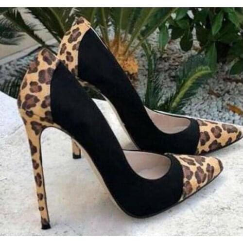 Drop Shipping Woman Red Black Leopard Patchwork Pointed Toe Pumps Female Sexy 120 mm Stiletto Heels Dress Party Pumps Shoes